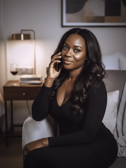 Kessy, hôtesse black du téléphone rose, au téléphone en robe noire